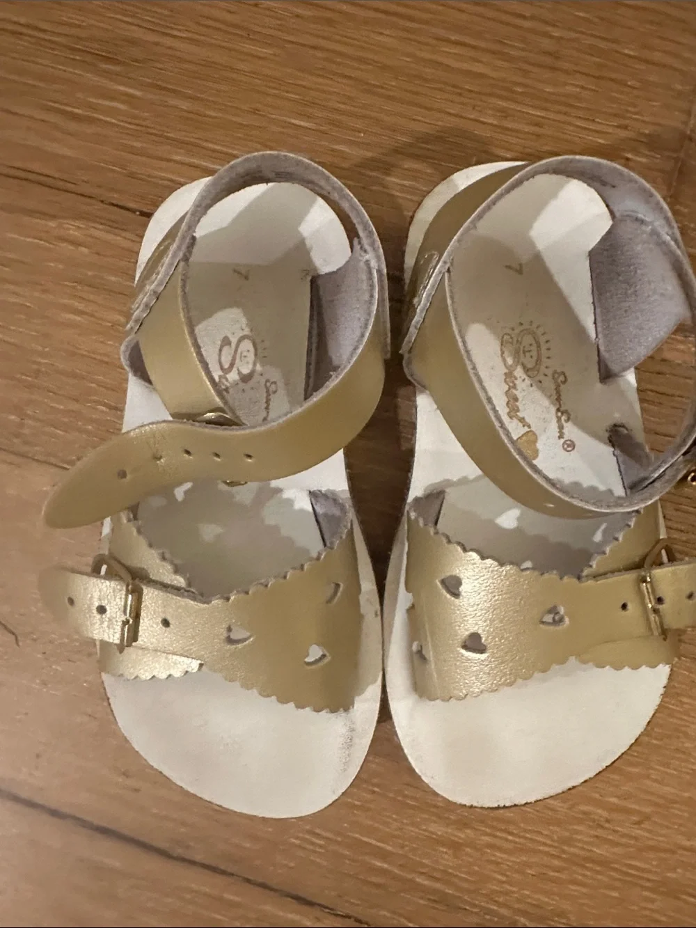 Salt Water Sandals by Hoy Gold Heart Cutout Leather Kids Sandals - Baby/Toddler